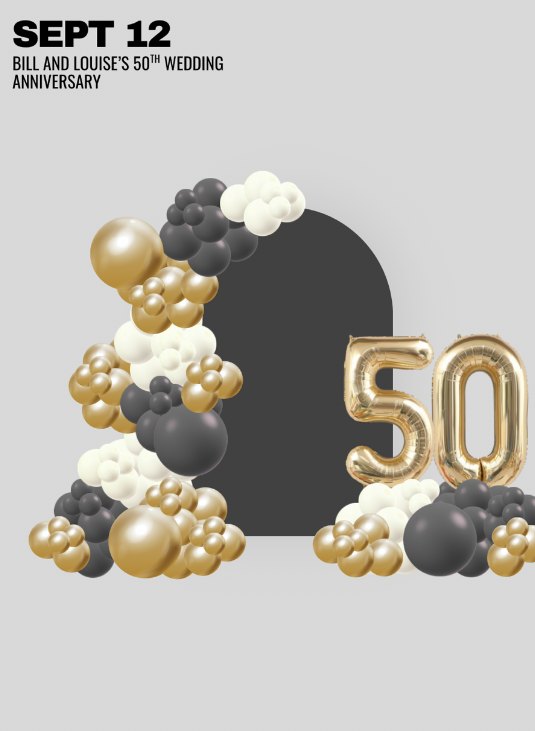 Mockup of a black, white and gold garland with gold 50 balloons
