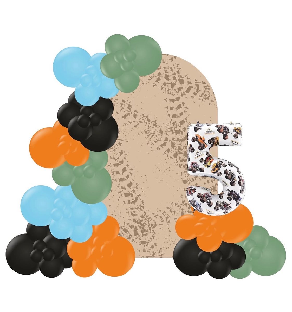 Mockup of a blue, green, orange and black garland with a monster truck number 5